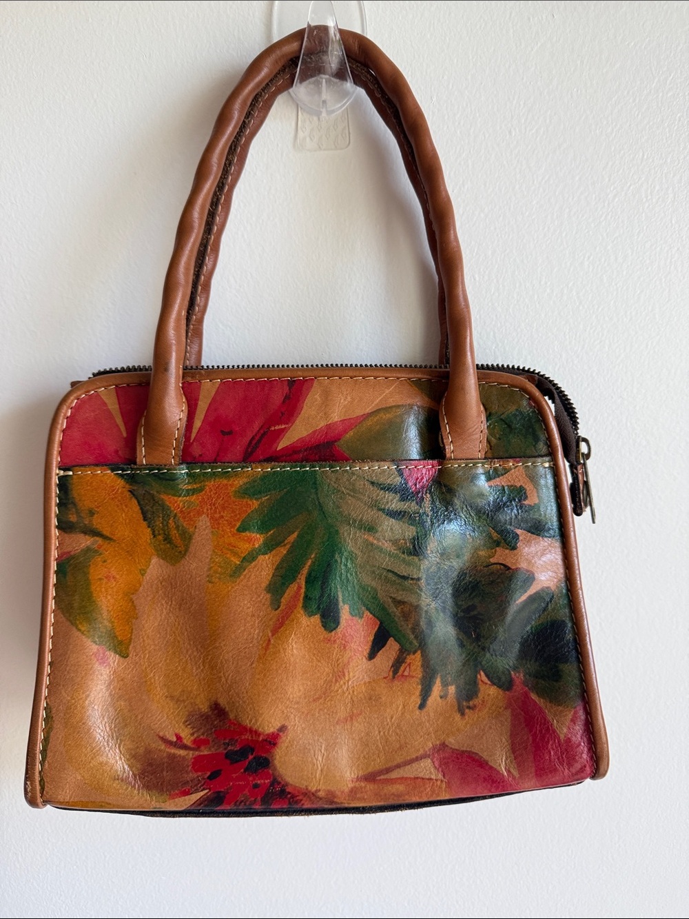 Patricia Nash Brown Leather Satchel with Multicolor Floral Print